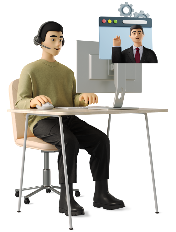 3D illustration of a customer support agent talking to someone on a computer