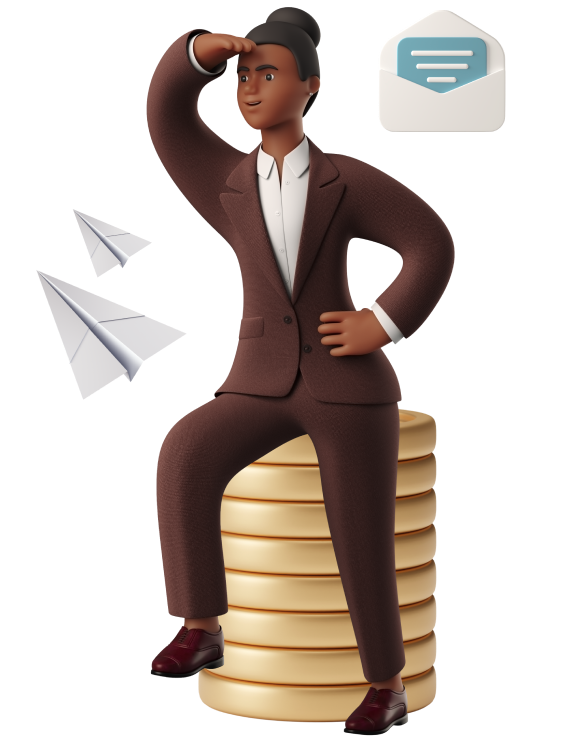 3D illustration of a salesperson sitting on a stack of money